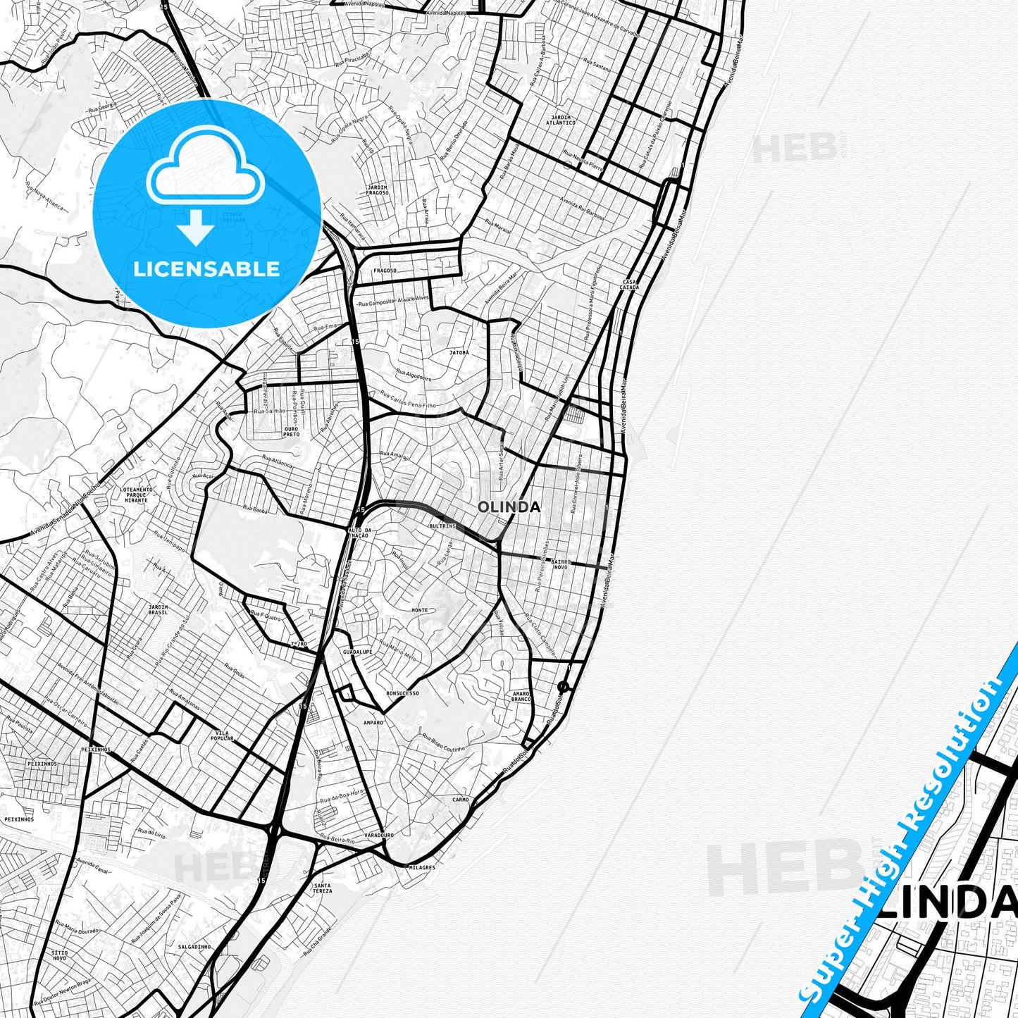 Olinda, Brazil Light Map with Street Names, City Names, and Districts