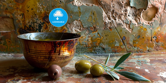 Vibrant Artistic Olive Oil Background with Liquid and Olives, Copy Space for Header