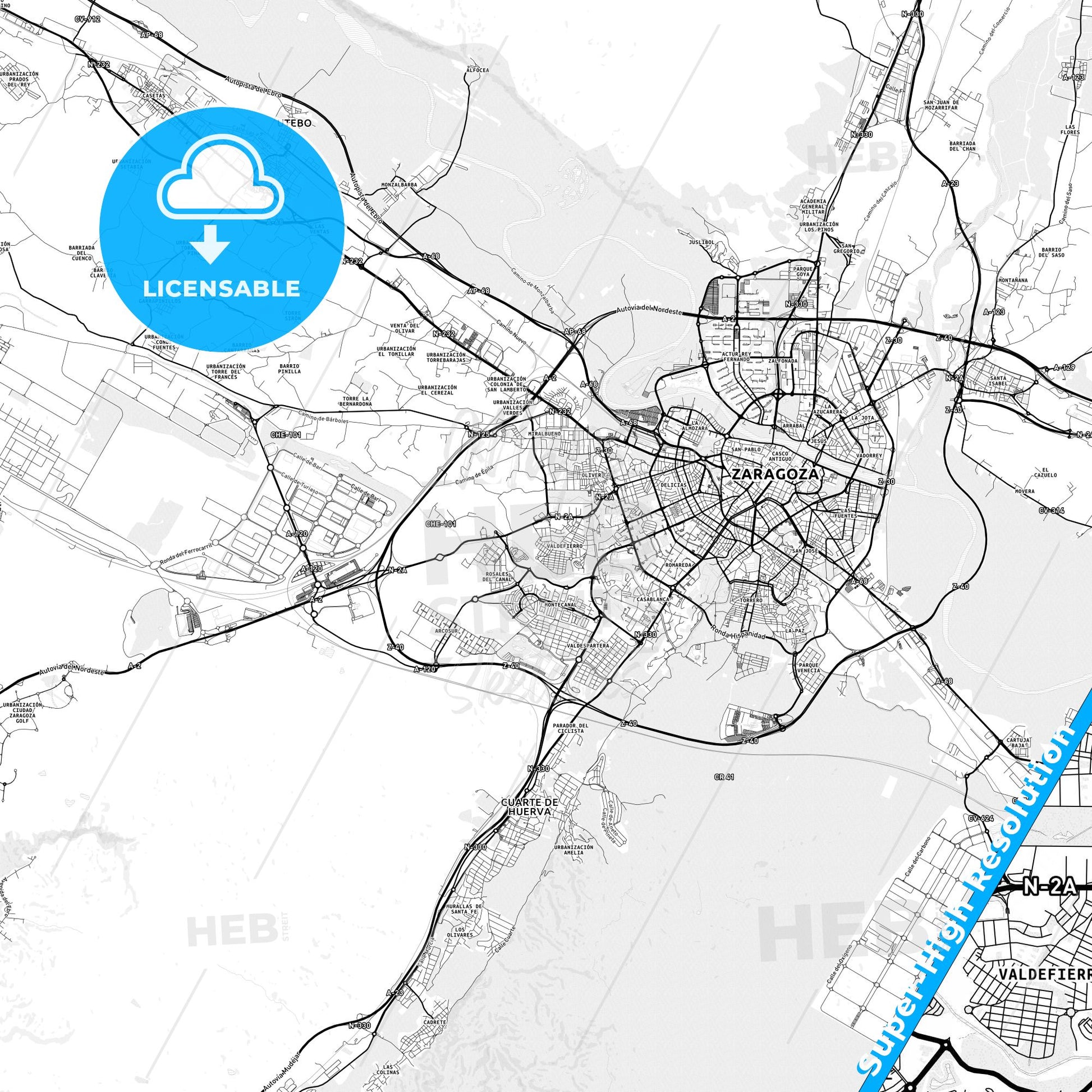 Oliver-Valdefierro, Spain light map with streetnames, citynames and districts