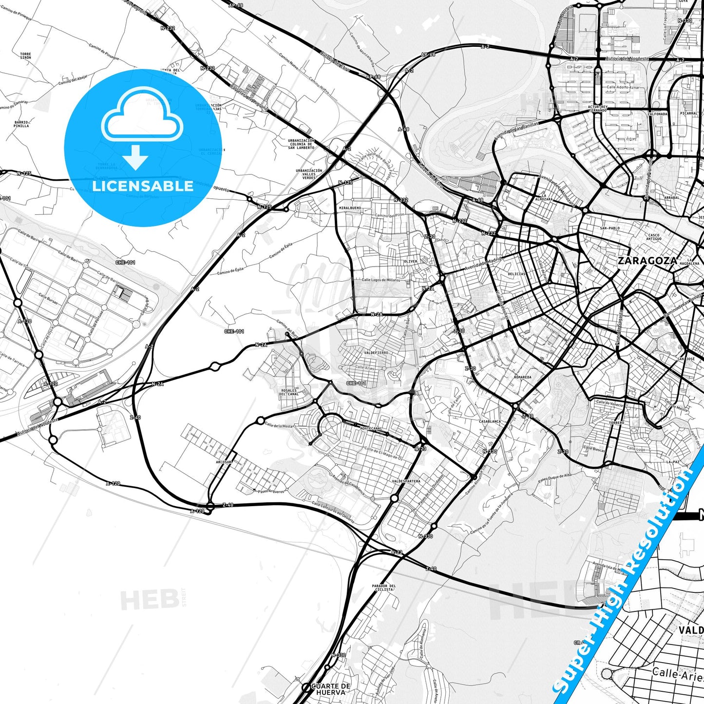 Oliver-Valdefierro, Spain Light Map with Street Names, City Names, and Districts