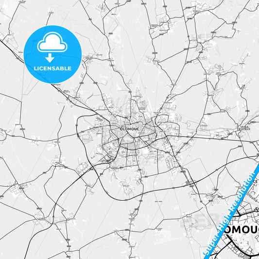 Olomouc, Czechia light map with streetnames, citynames and districts