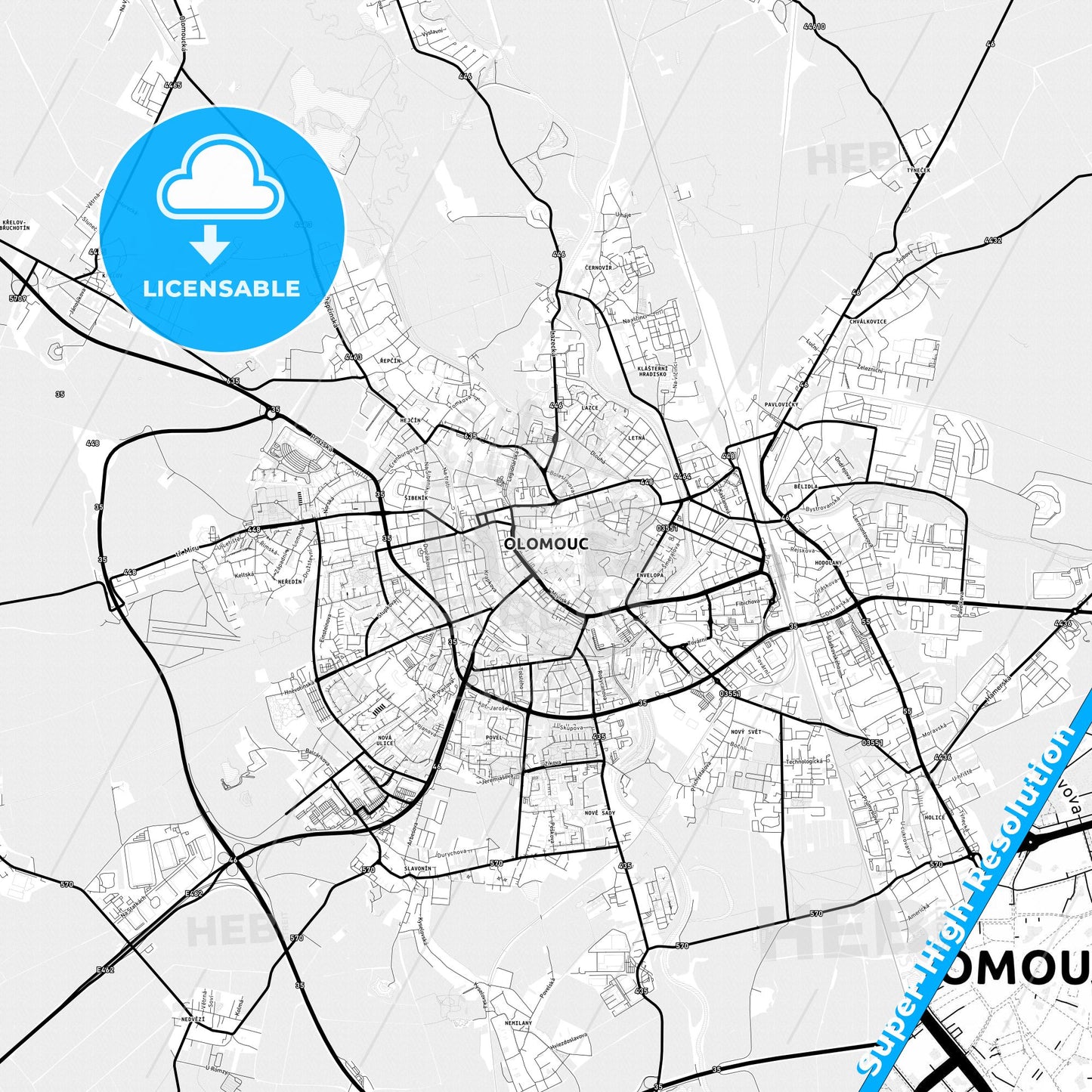 Olomouc, Czechia Light Map with Street Names, City Names, and Districts