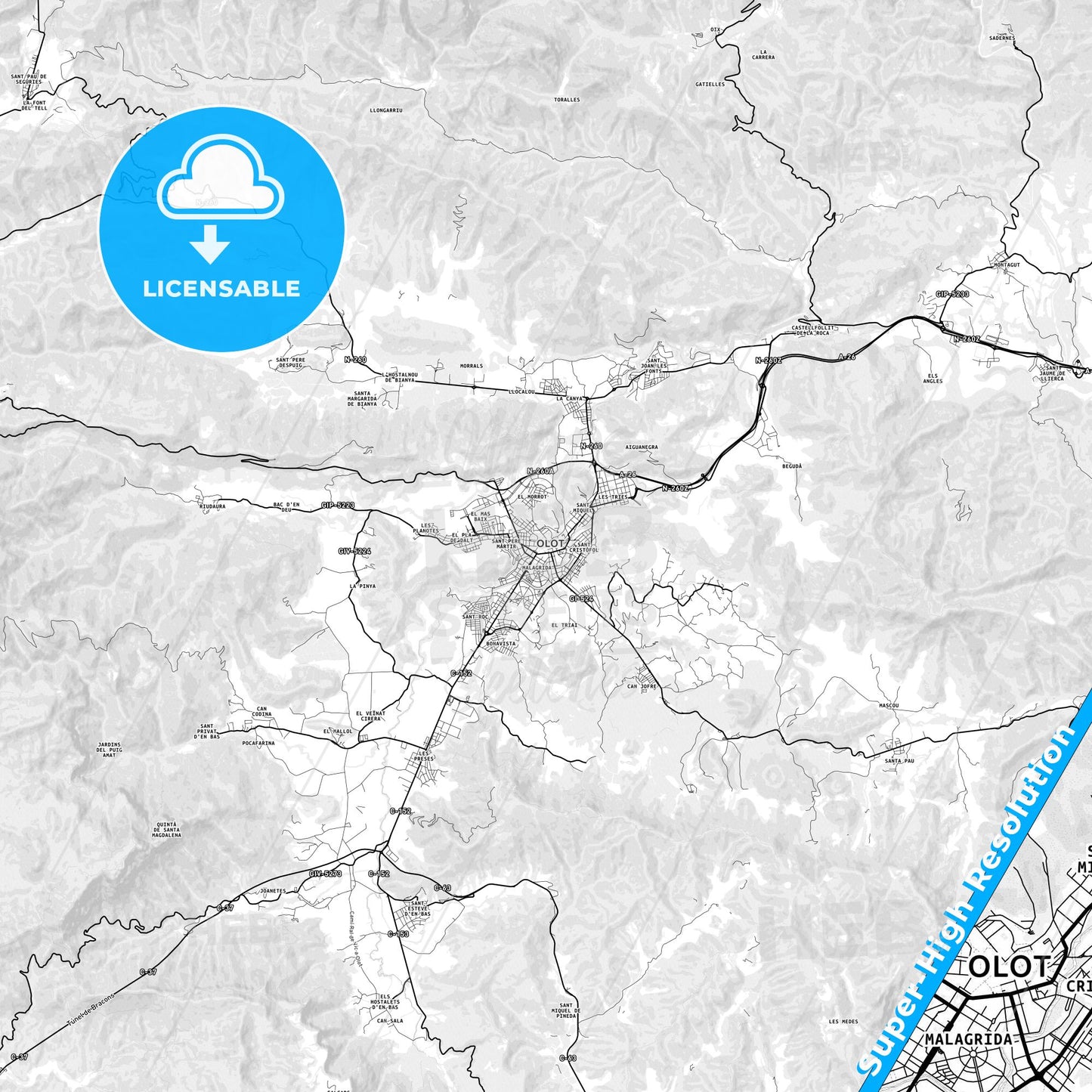 Olot, Spain light map with streetnames, citynames and districts