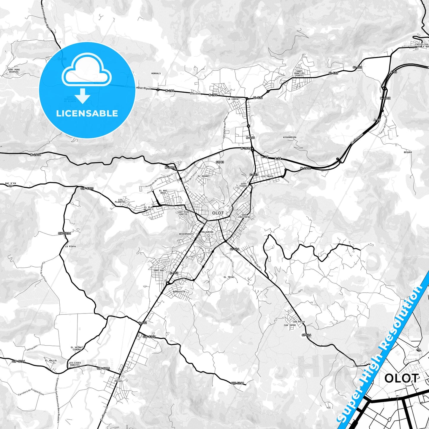 Olot, Spain Light Map with Street Names, City Names, and Districts