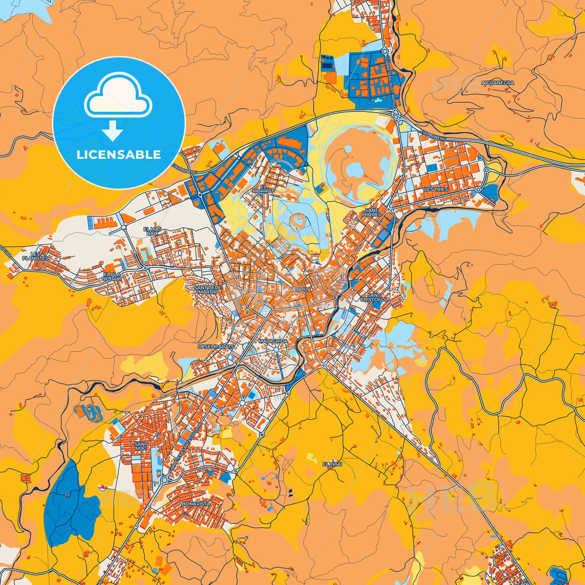 Colorful Olot Street Map with Labels and Buildings