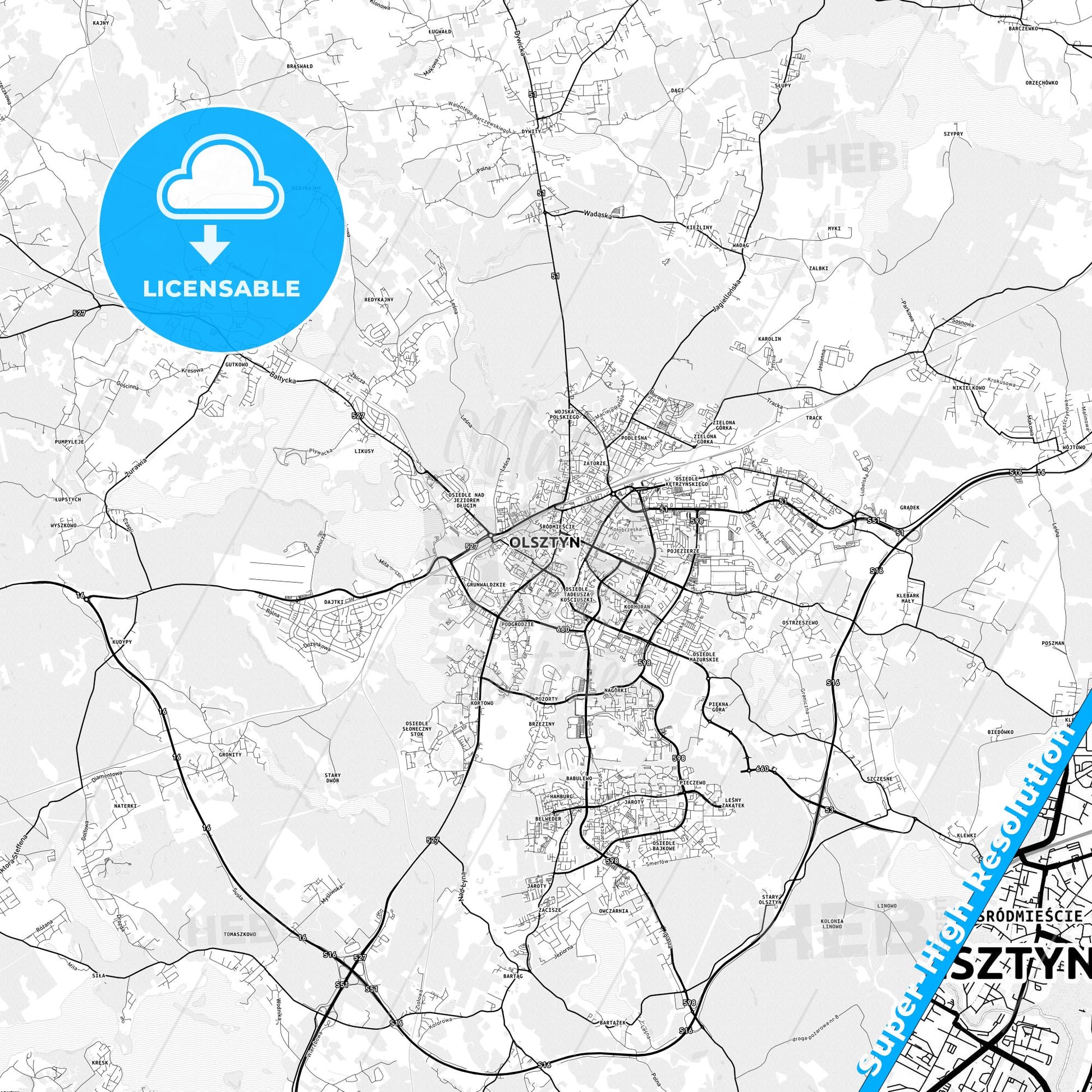 Olsztyn, Poland light map with streetnames, citynames and districts
