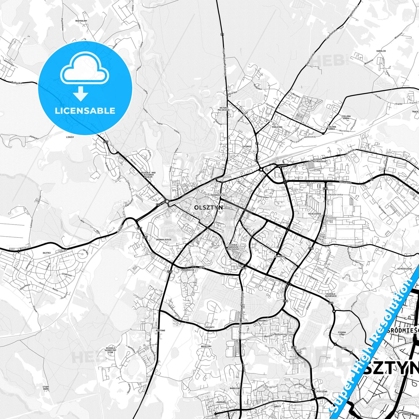 Olsztyn, Poland Light Map with Street Names, City Names, and Districts