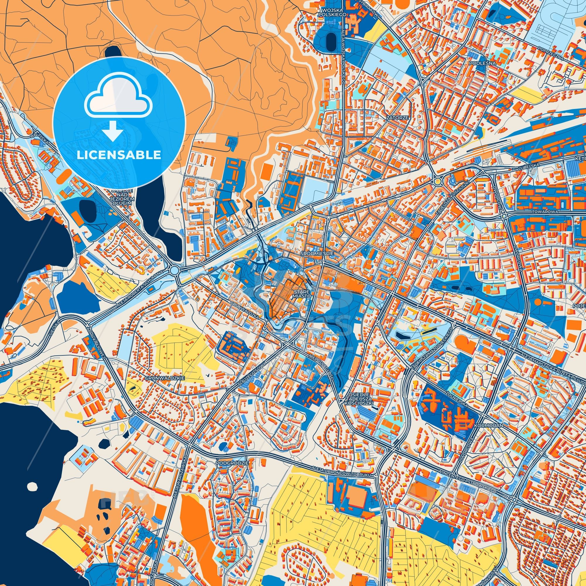 Colorful Olsztyn Street Map With Labels And Buildings – HEBSTREITS