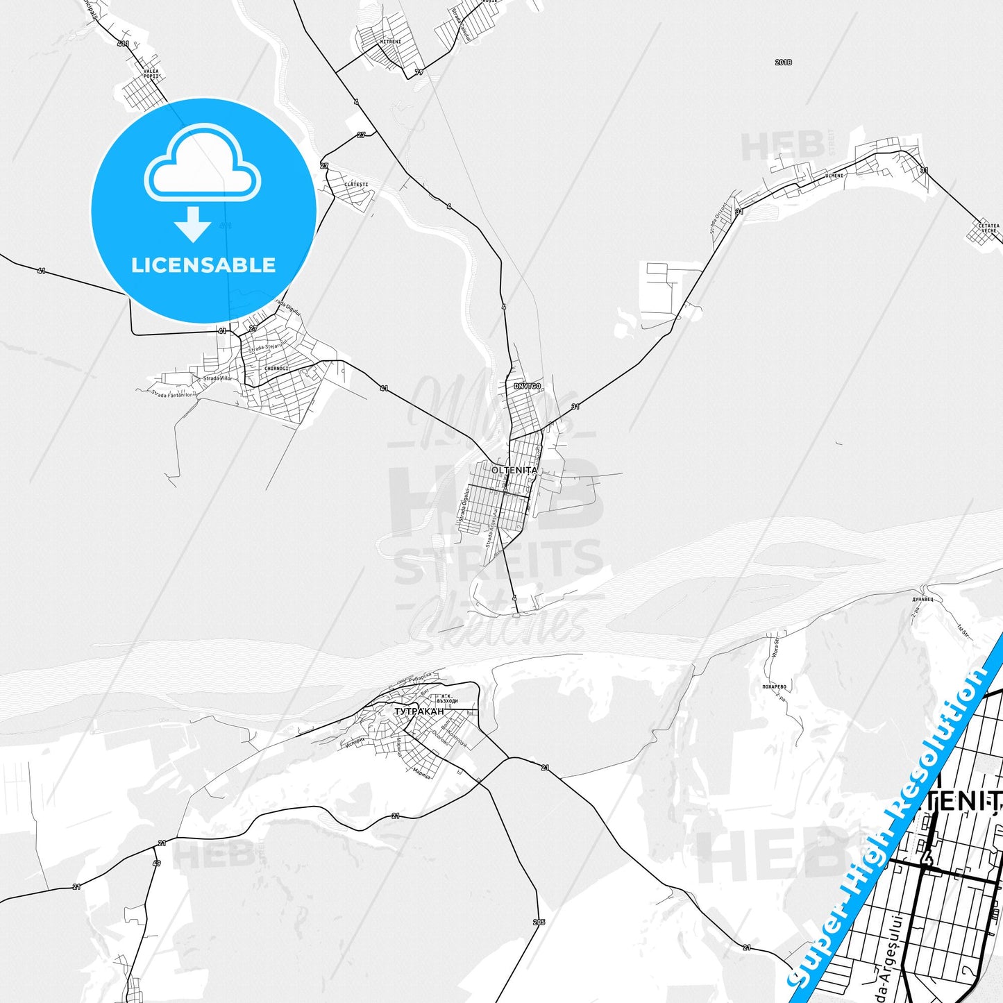 Oltenița, Romania light map with streetnames, citynames and districts
