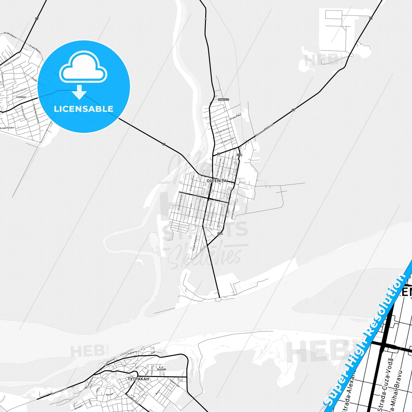 Oltenița, Romania Light Map with Street Names, City Names, and Districts