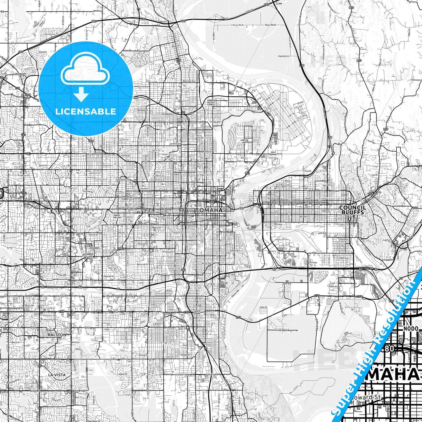 Omaha, Nebraska light map with streetnames, citynames and districts