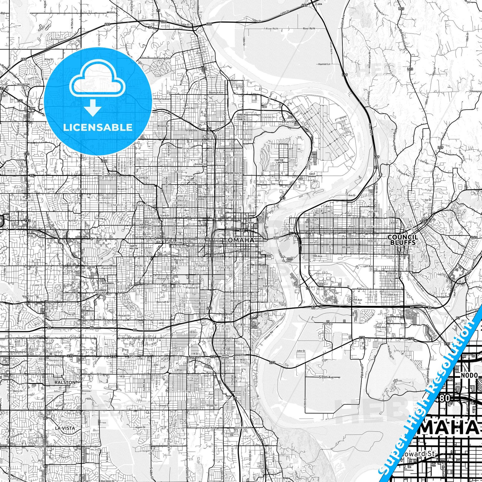 Omaha, Nebraska light map with streetnames, citynames and districts