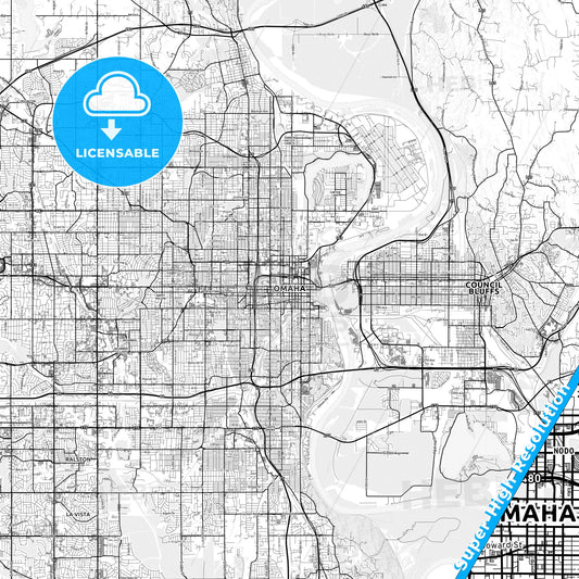 Omaha, Nebraska light map with streetnames, citynames and districts