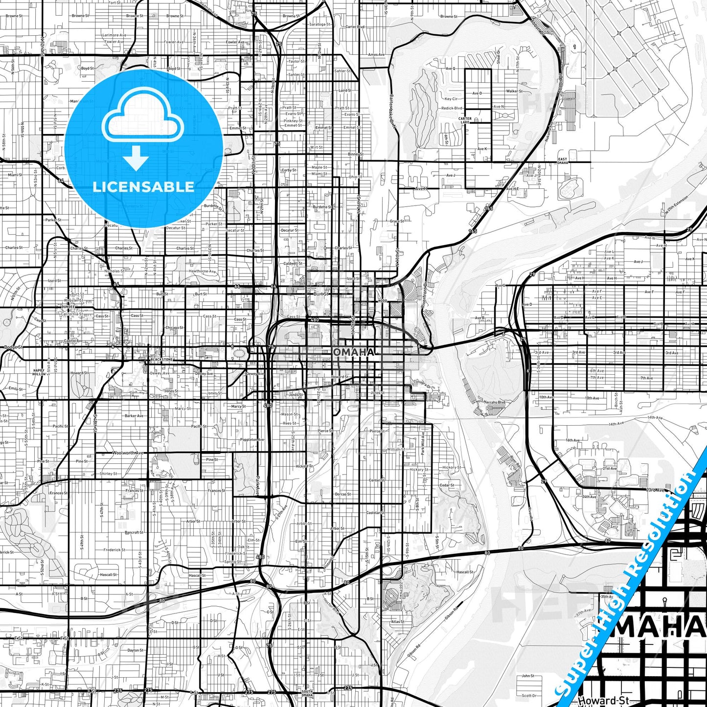 Omaha, Nebraska Light Map with Street Names, City Names, and Districts