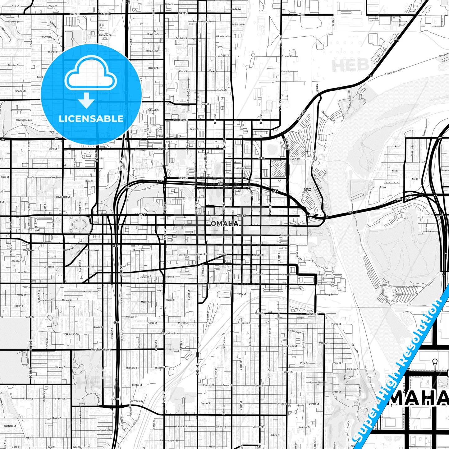 Omaha, Nebraska Light Map with Street Names, City Names, and Districts