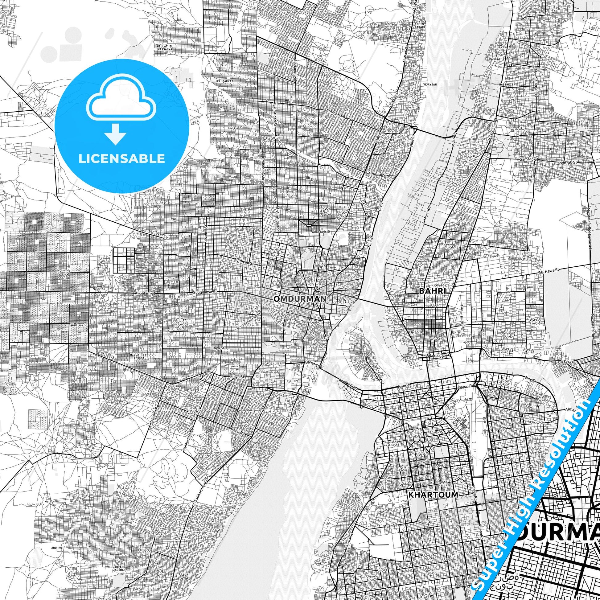 Omdurman, Sudan light map with streetnames, citynames and districts