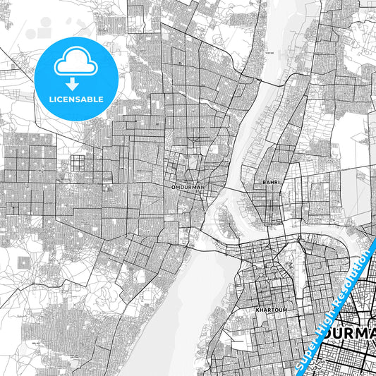 Omdurman, Sudan light map with streetnames, citynames and districts