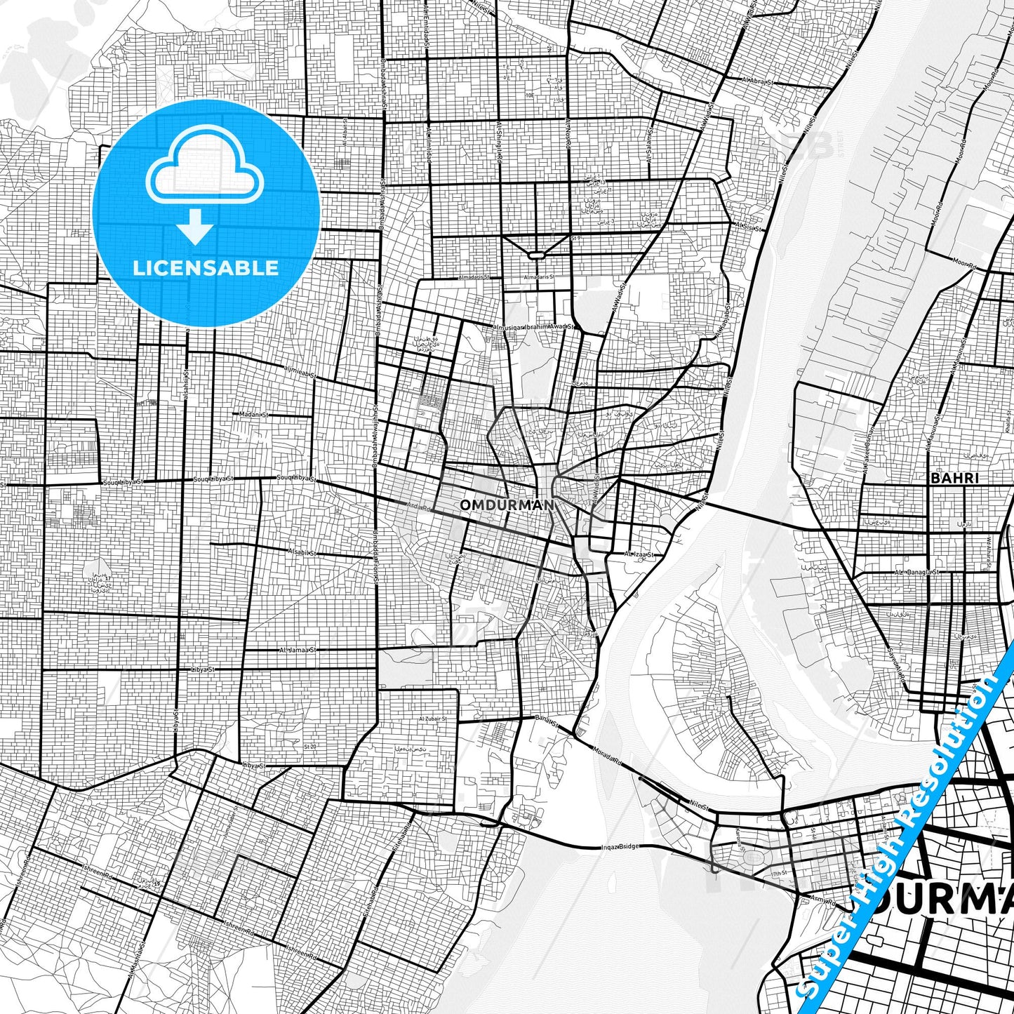 Omdurman, Sudan Light Map with Street Names, City Names, and Districts