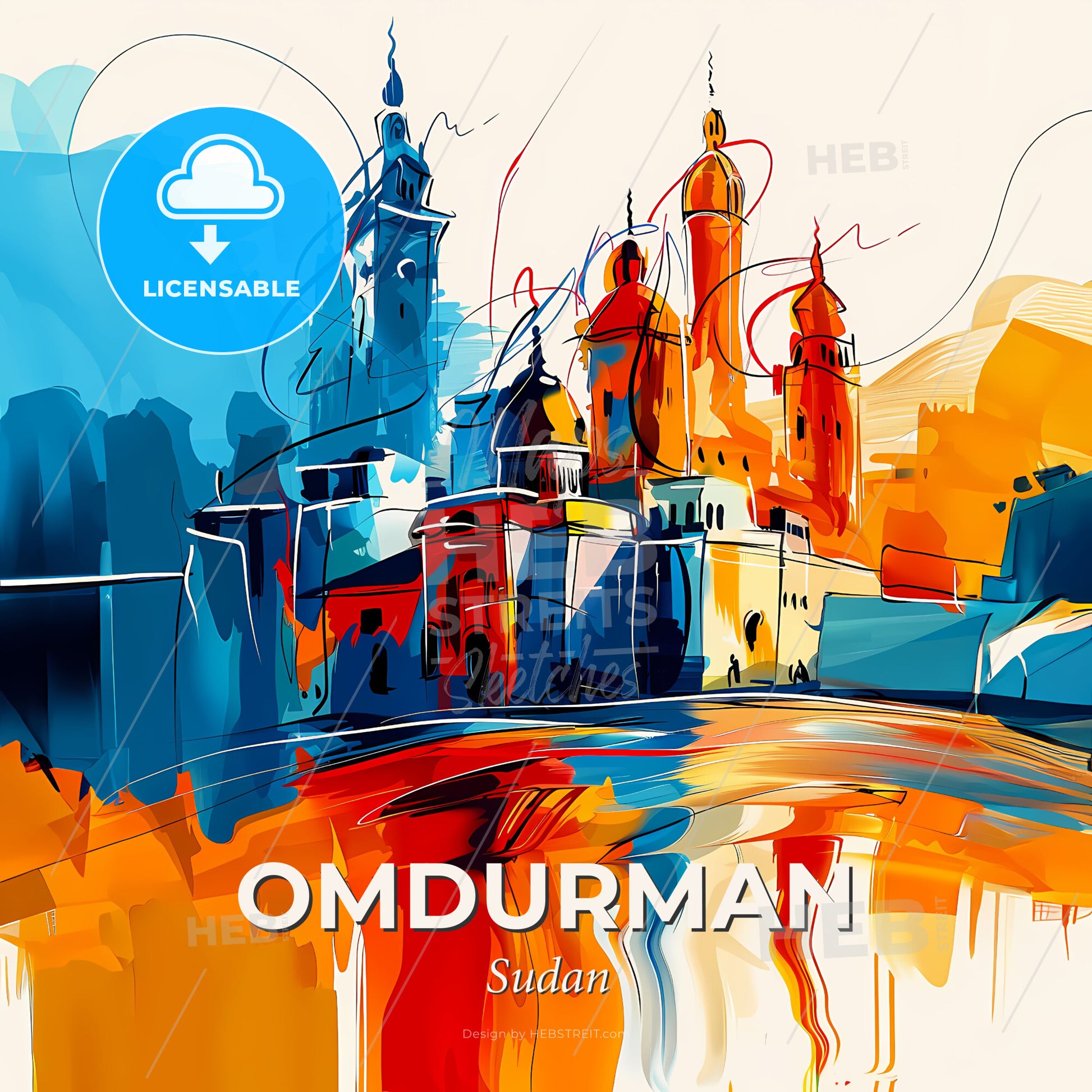 Vibrant Omdurman, Sudan - A Painting Of A Building With Towers And A Body Of Water - Square format print template