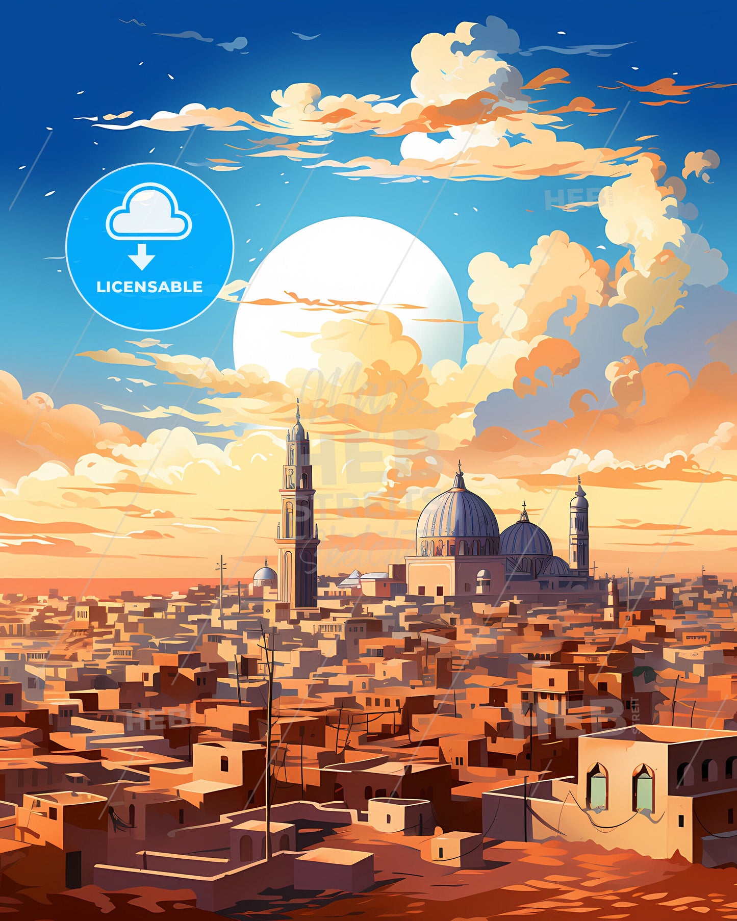 Vibrant Omdurman Skyline Painting Featuring Buildings and Enchanting Moon