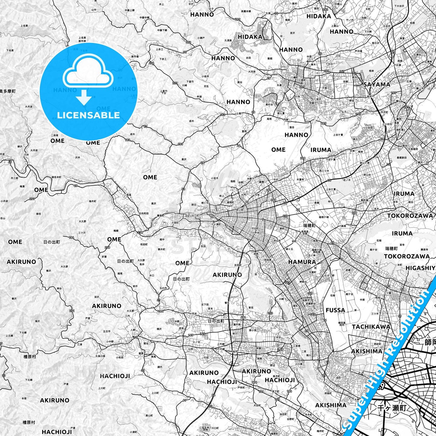 Ōme, Japan light map with streetnames, citynames and districts