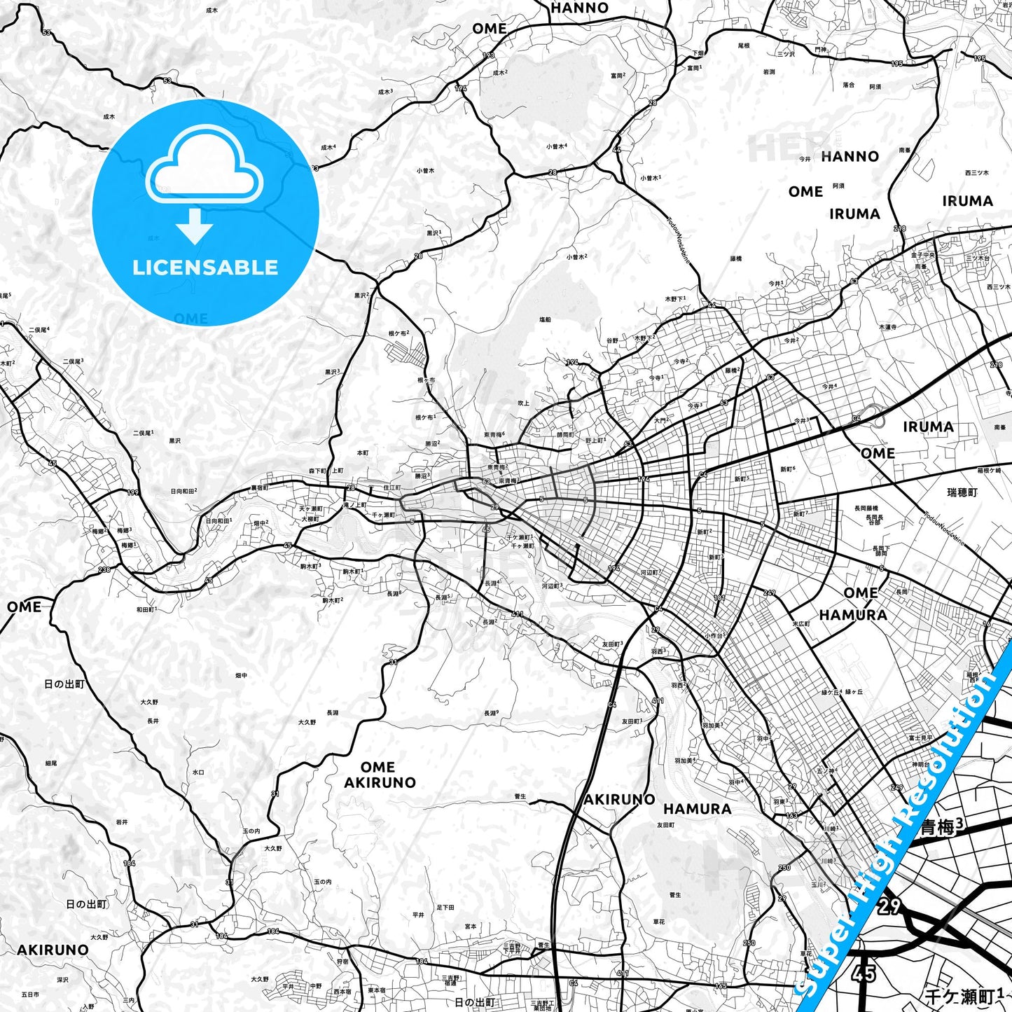 Ōme, Japan Light Map with Street Names, City Names, and Districts
