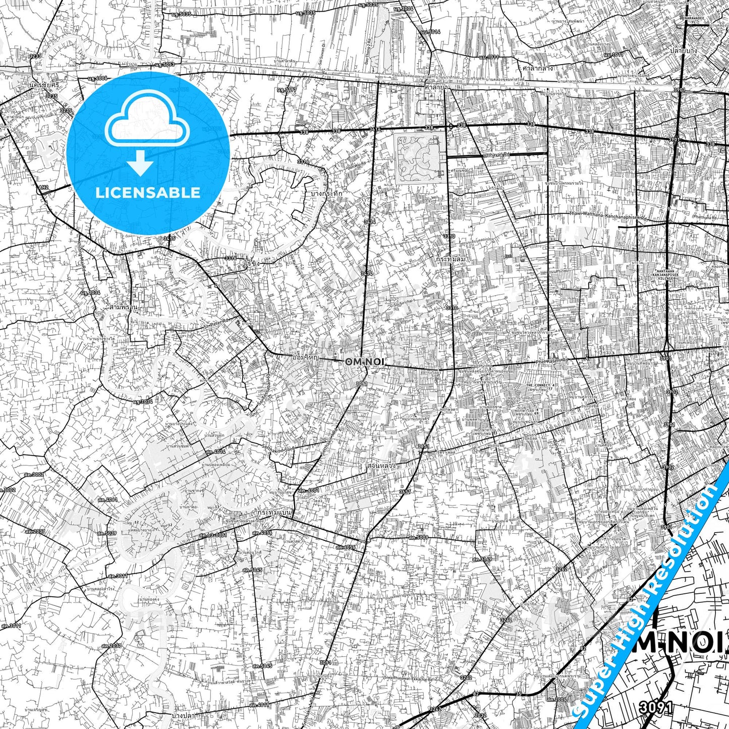 Om Noi, Thailand light map with streetnames, citynames and districts
