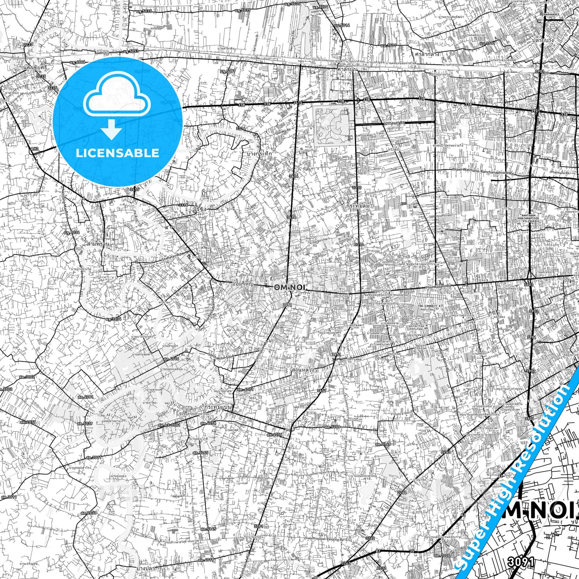 Om Noi, Thailand light map with streetnames, citynames and districts