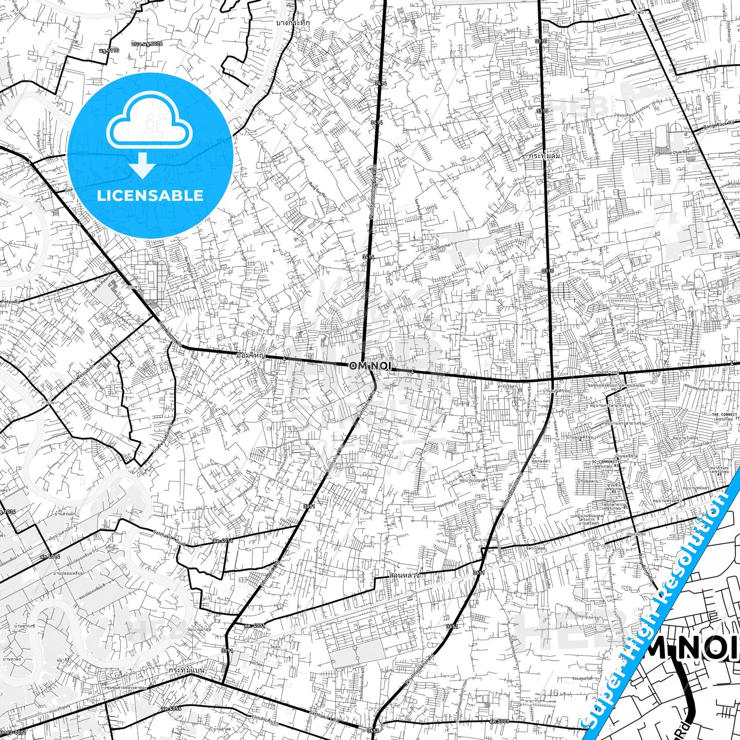 Om Noi, Thailand Light Map with Street Names, City Names, and Districts