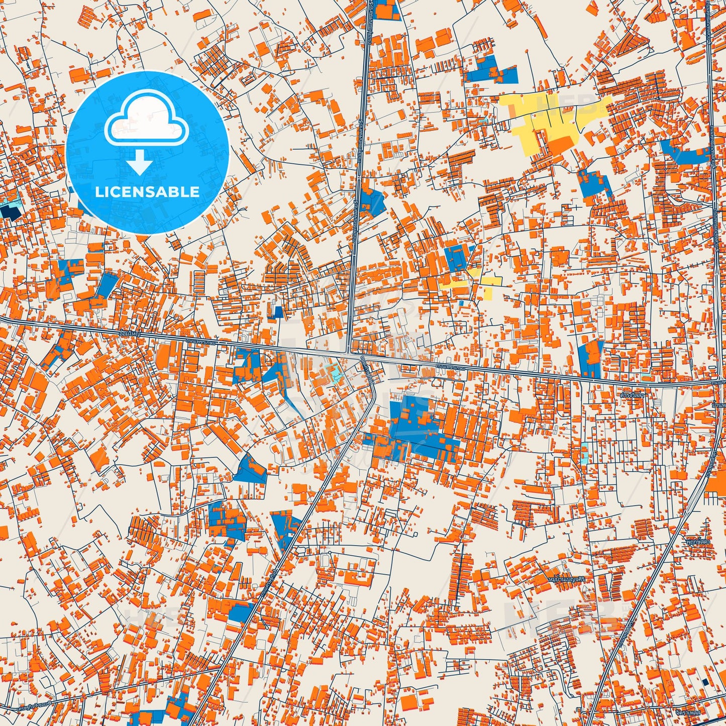 Colorful Om Noi Street Map with Labels and Buildings