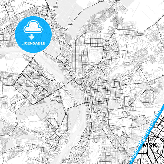 Omsk, Russia light map with streetnames, citynames and districts