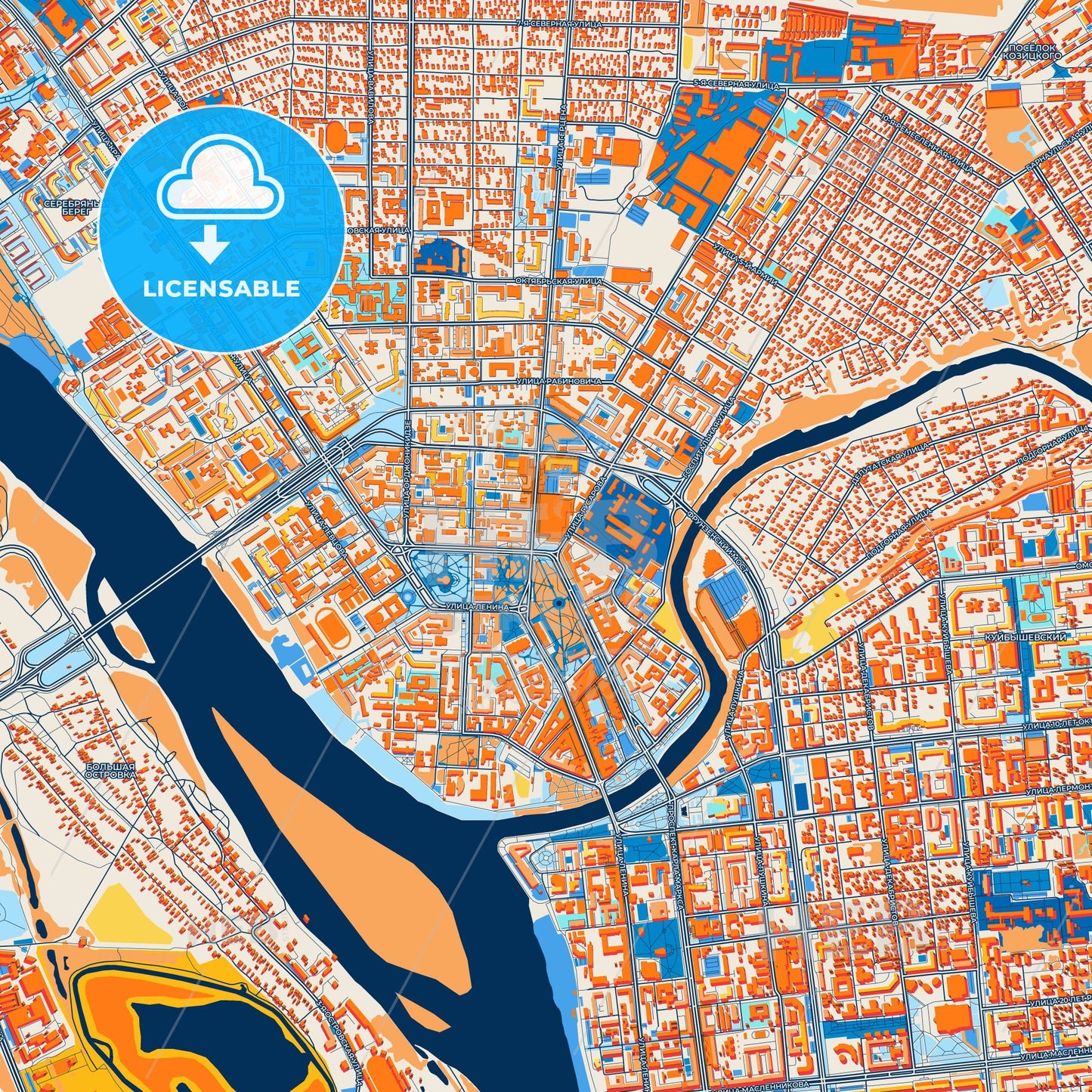 Colorful Omsk Street Map with Labels and Buildings