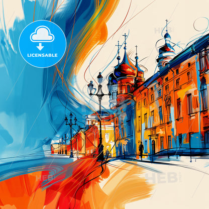 Vibrant Омск, Russia - A Street With Buildings And A Street Lamp