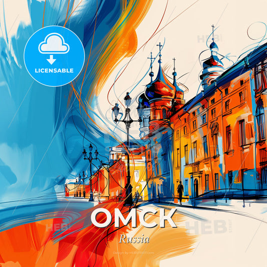 Vibrant Омск, Russia - A Street With Buildings And A Street Lamp - Square format print template