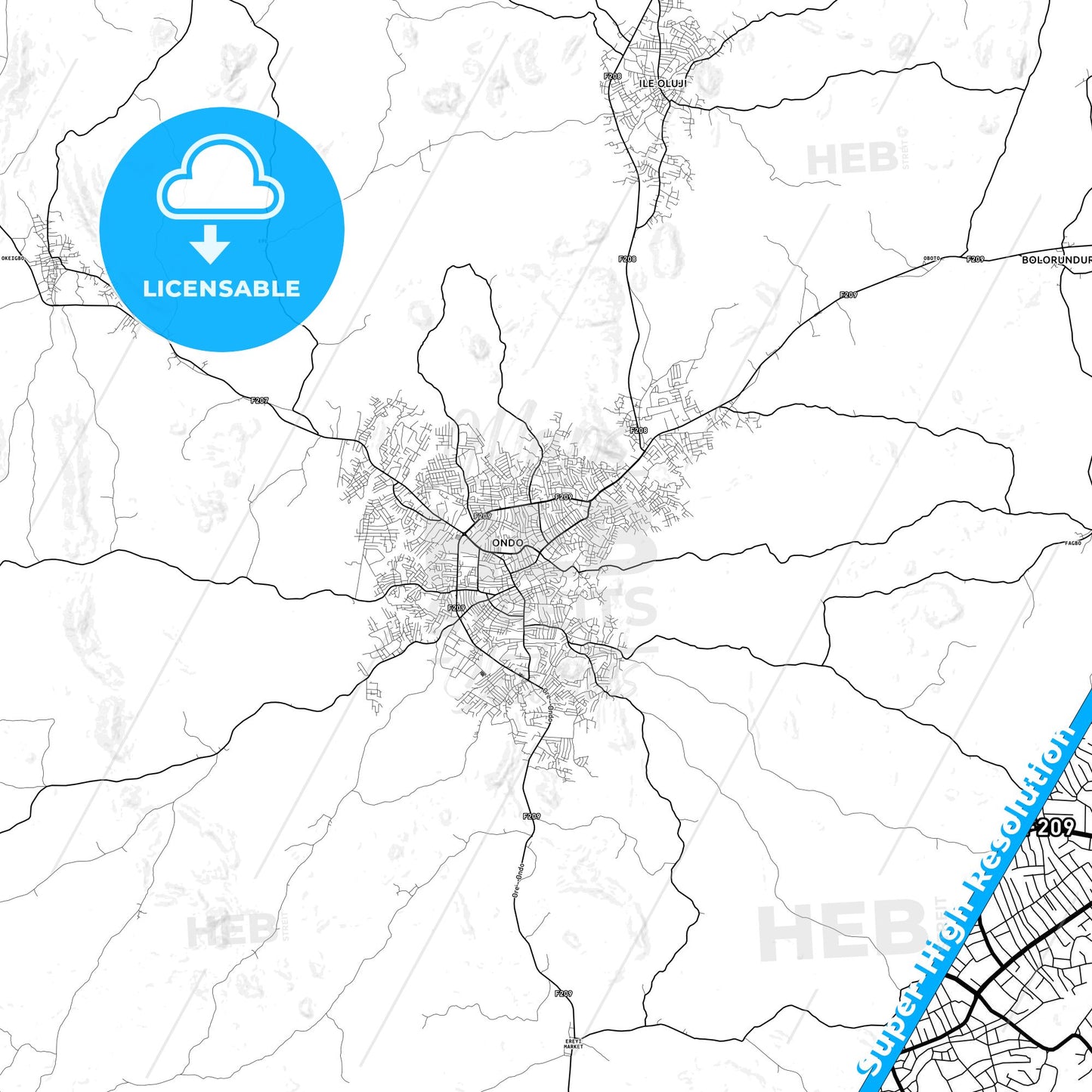 Ondo, Nigeria light map with streetnames, citynames and districts