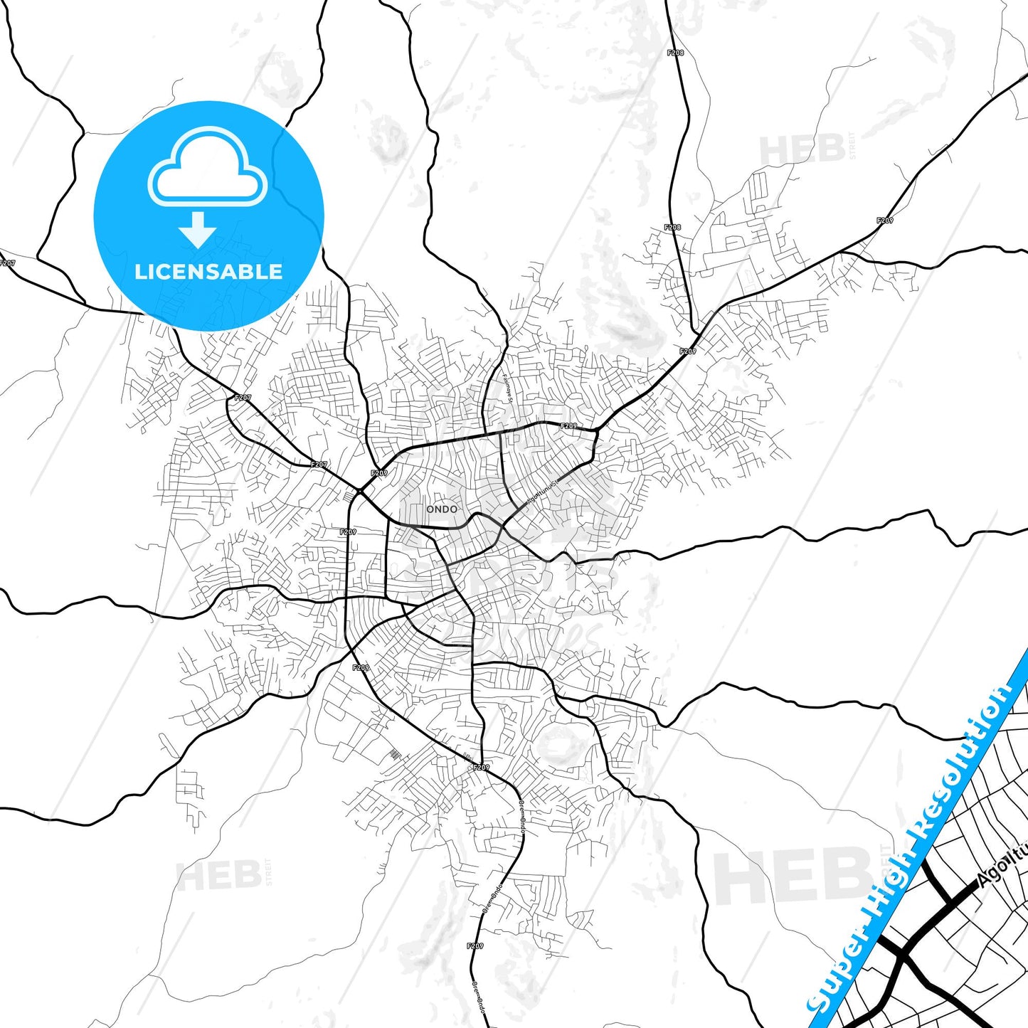 Ondo, Nigeria Light Map with Street Names, City Names, and Districts