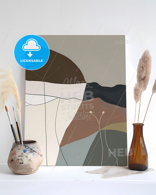 One line art, minimalist painting and vase with brush in it, muted color palette, minimalistic, gouache art poster