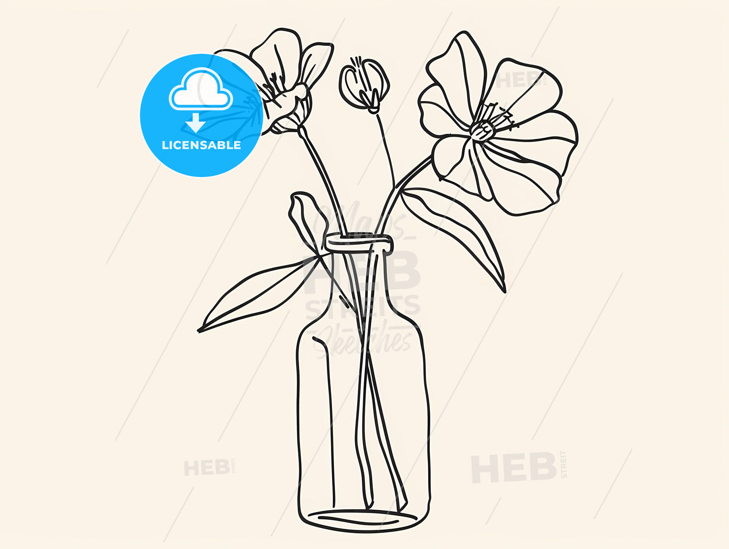 Minimalistic Line Drawing: Single Stem Flower in Glass Vase, White Background, Floral Art, Contemporary Decor, Simple and Elegant Botanical Illustration