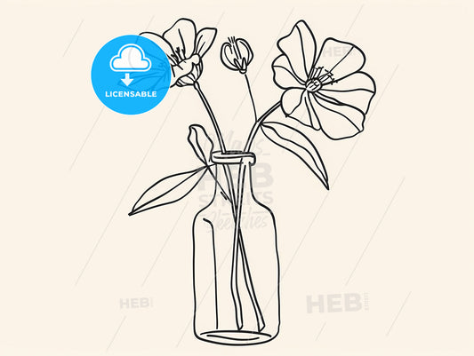 Minimalistic Line Drawing: Single Stem Flower in Glass Vase, White Background, Floral Art, Contemporary Decor, Simple and Elegant Botanical Illustration