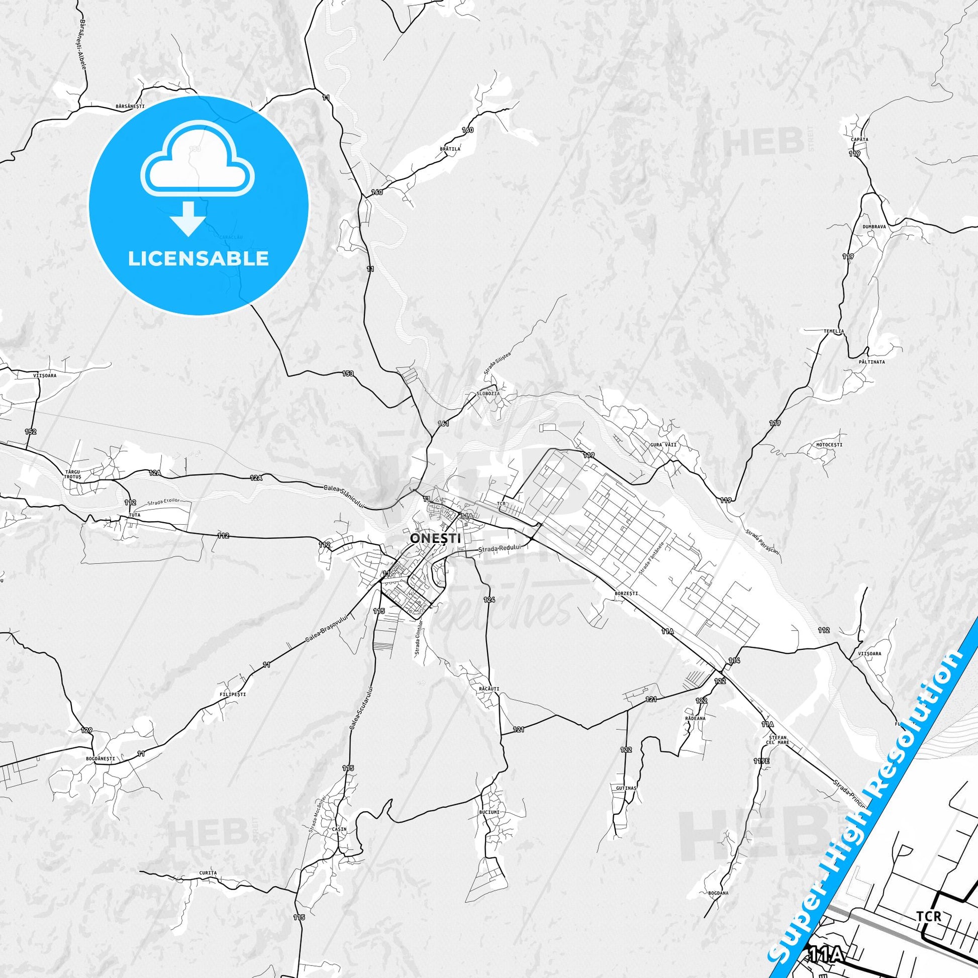 Onești, Romania light map with streetnames, citynames and districts