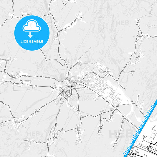 Onești, Romania light map with streetnames, citynames and districts