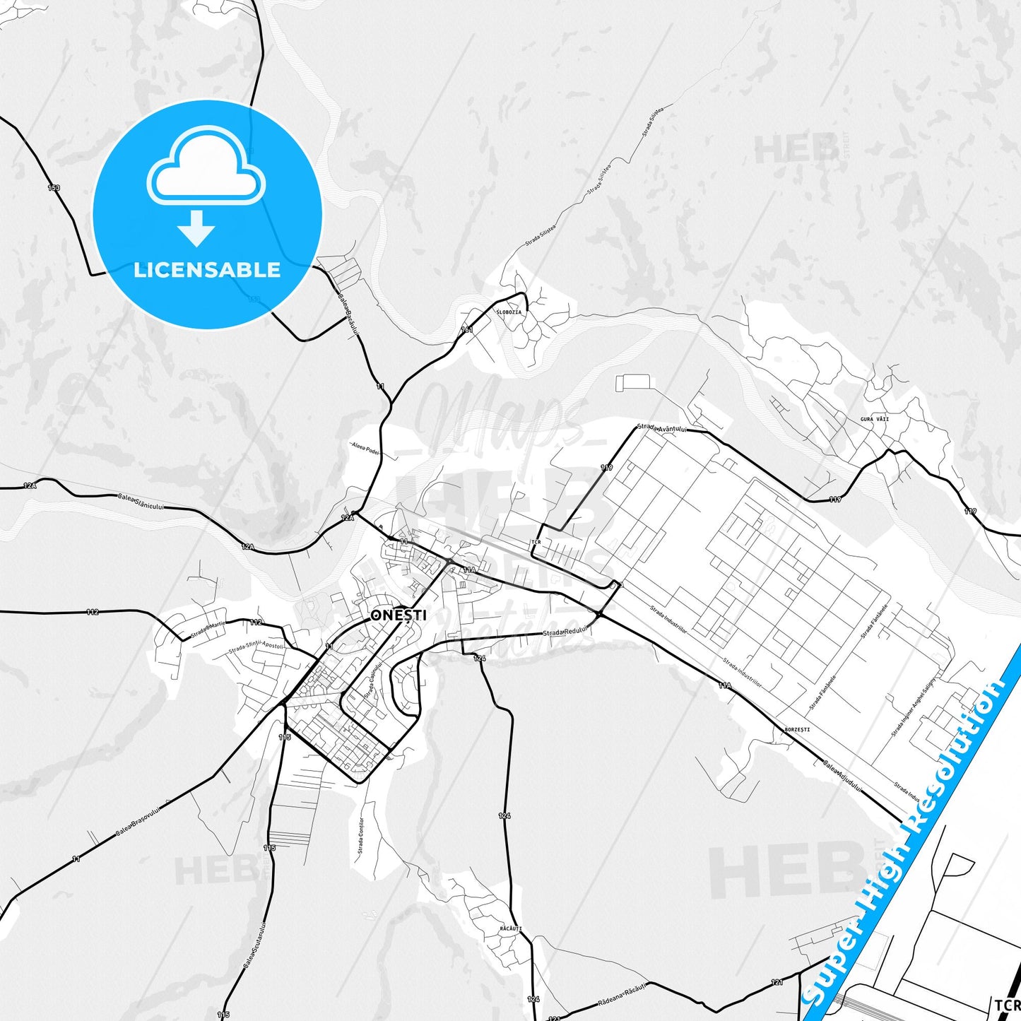 Onești, Romania Light Map with Street Names, City Names, and Districts