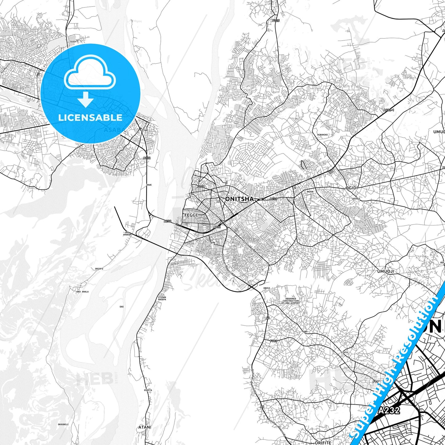 Onitsha, Nigeria light map with streetnames, citynames and districts