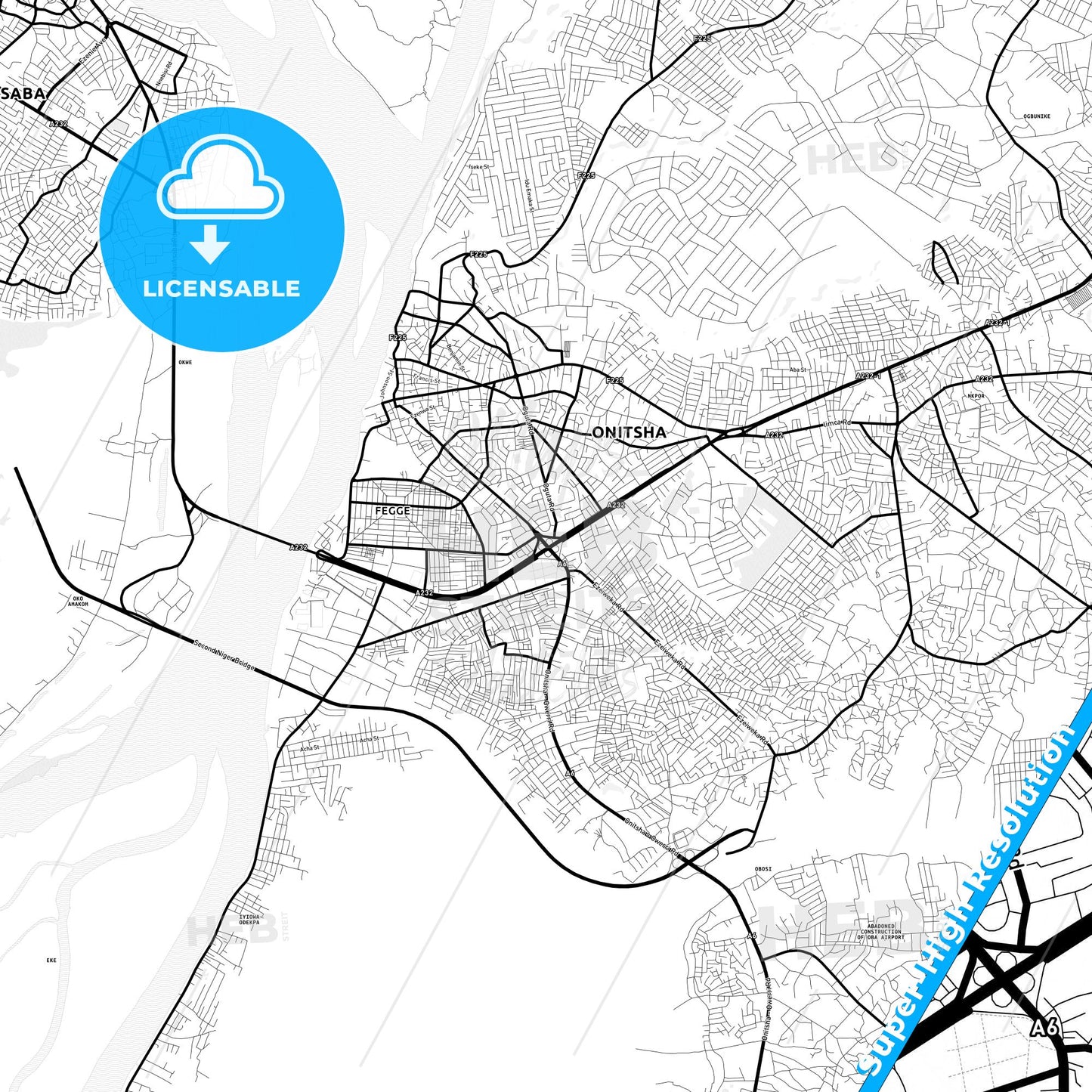 Onitsha, Nigeria Light Map with Street Names, City Names, and Districts