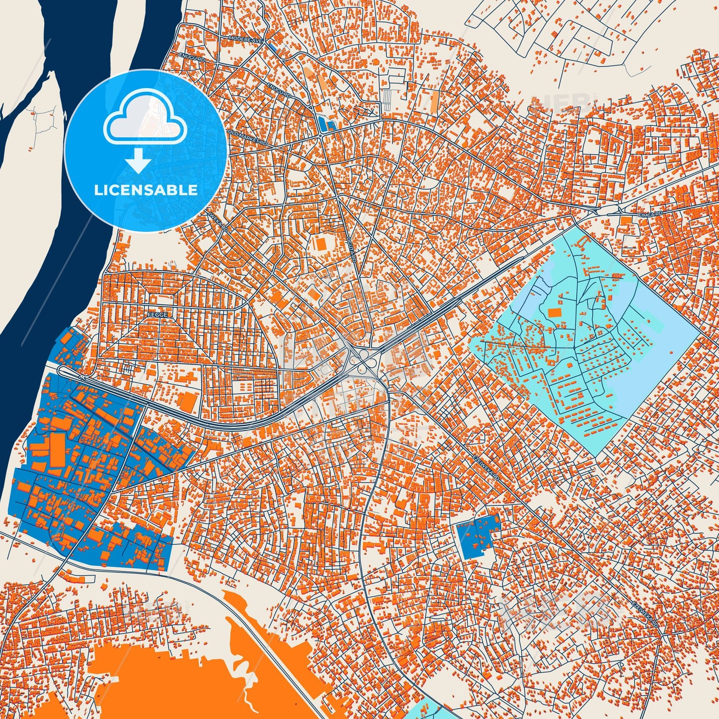 Colorful Onitsha Street Map with Labels and Buildings