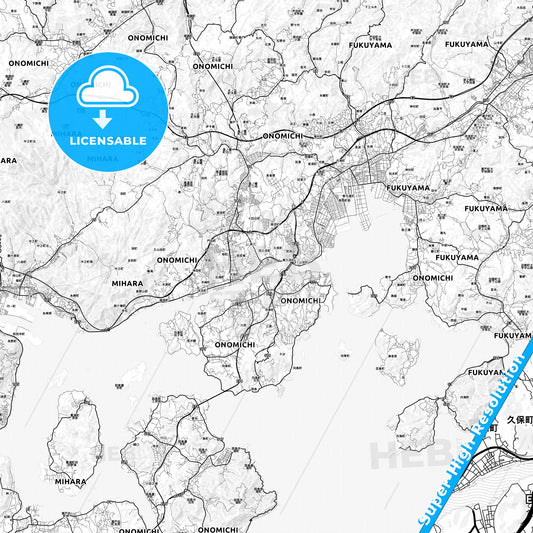 Onomichi, Japan light map with streetnames, citynames and districts