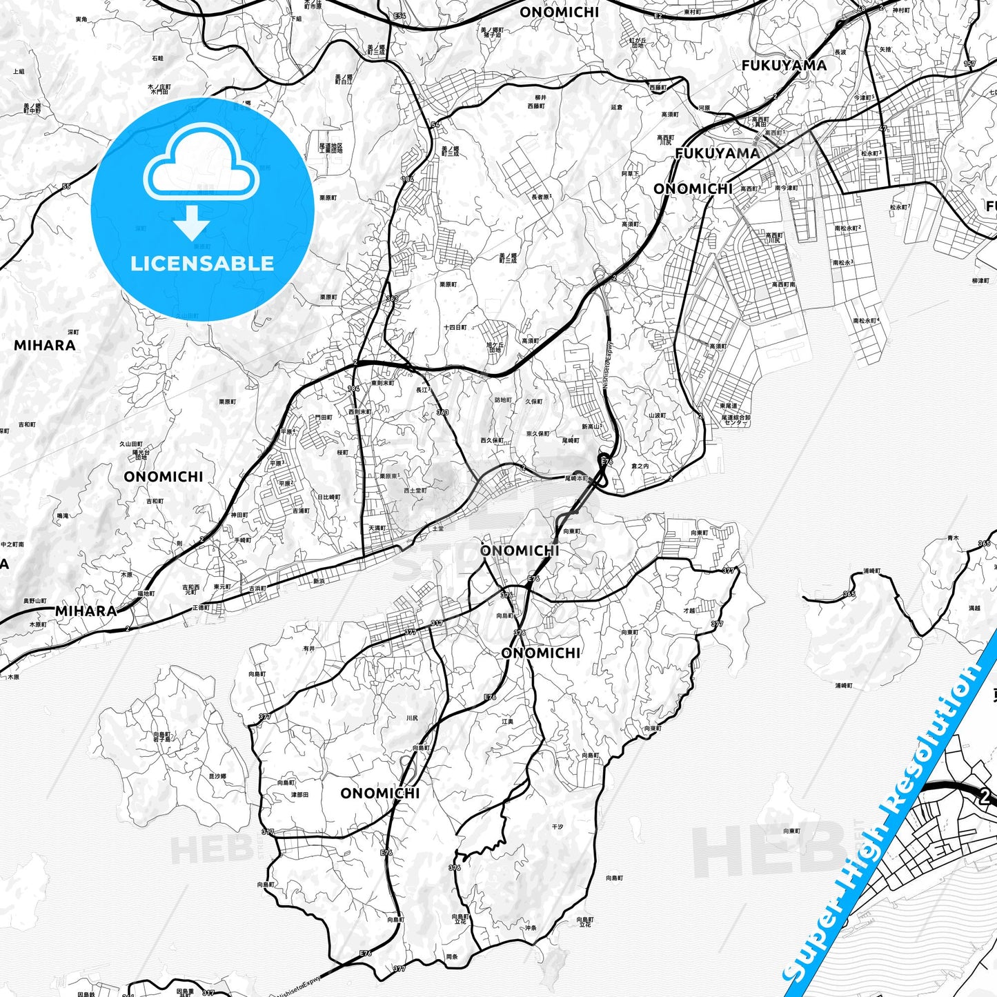 Onomichi, Japan Light Map with Street Names, City Names, and Districts