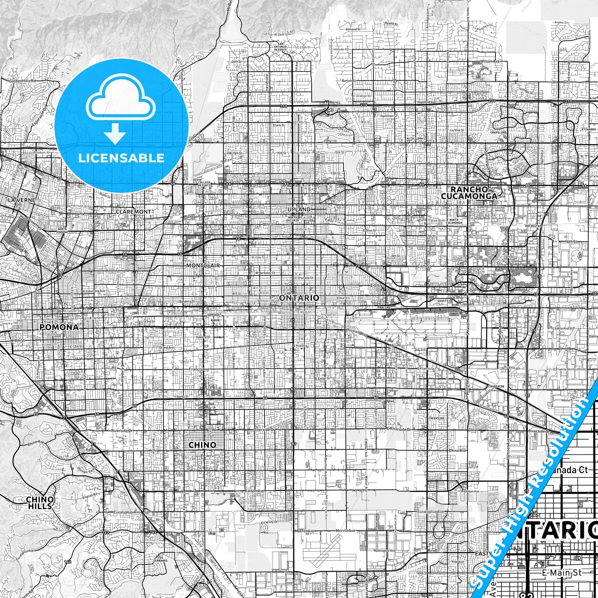 Ontario, California light map with streetnames, citynames and districts