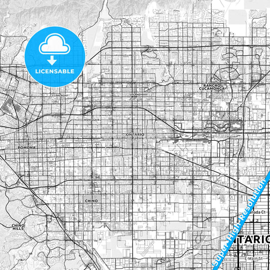 Ontario, California light map with streetnames, citynames and districts