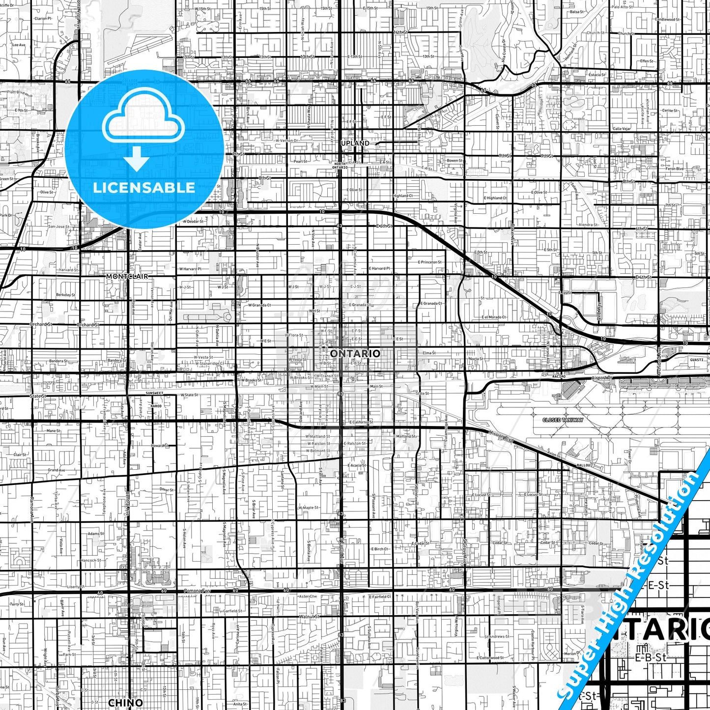 Ontario, California Light Map with Street Names, City Names, and Districts